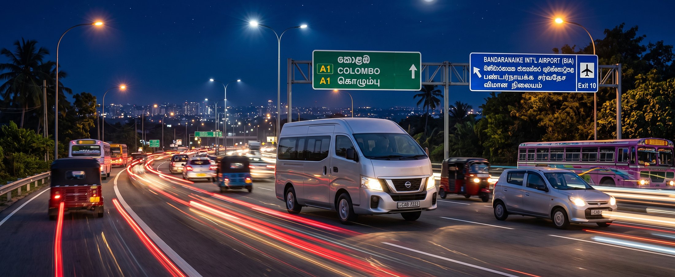 The van on the A1 highway to Colombo at night