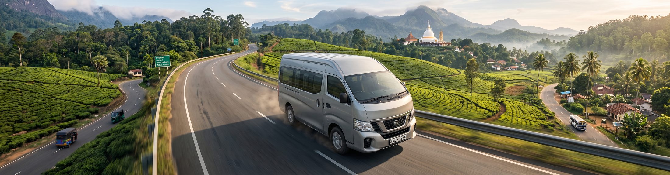 The van on a coastal road in Sri Lanka